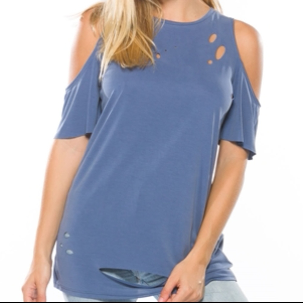 COLD SHOULDER DISTRESSED BLUE TEE
